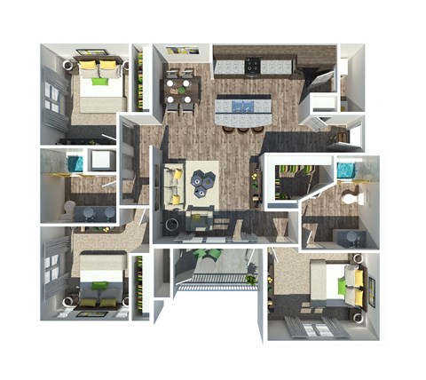 a 3d rendering of a furnished floor plan of a house